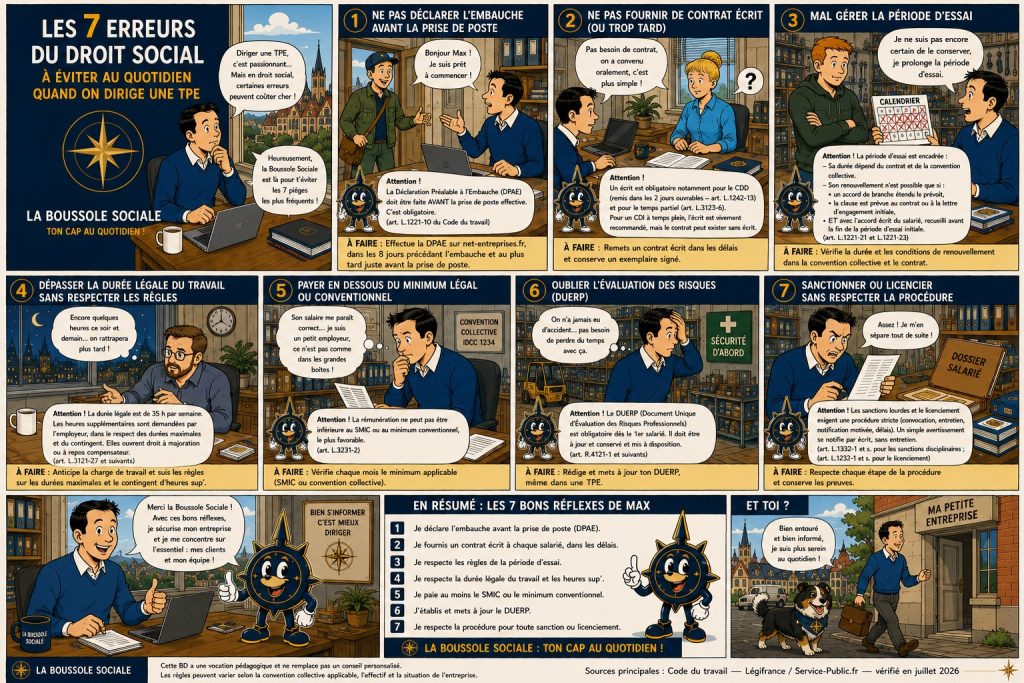 Bande dessinée : les 7 erreurs de droit social à éviter en TPE — DPAE, contrat écrit, période d’essai, durée du travail et heures supplémentaires, salaire minimum, DUERP, procédure de sanction et de licenciement.
