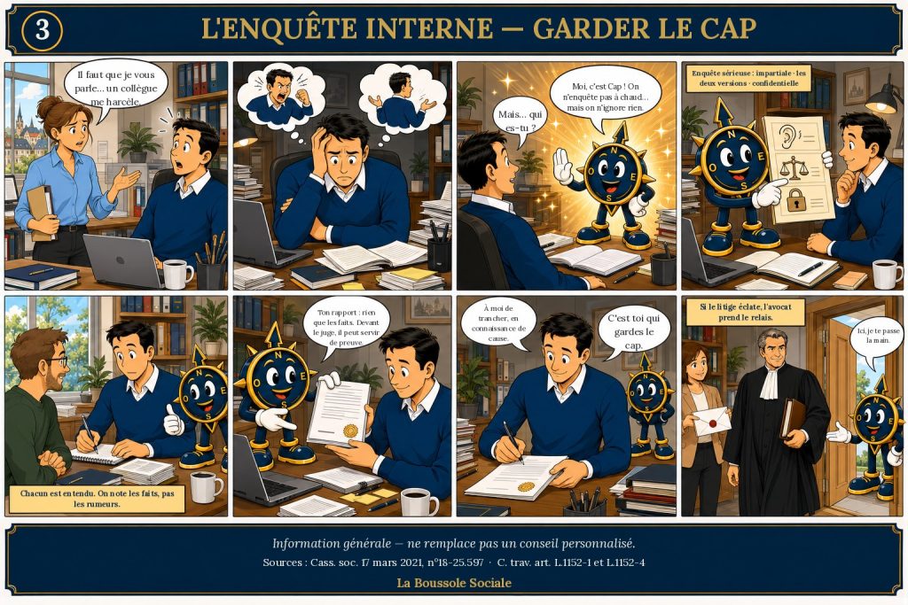 Bande dessinée en huit cases. Un salarié confie à son dirigeant qu'un collègue le harcèle. Le dirigeant hésite entre licencier sur-le-champ et laisser couler. La mascotte-boussole Cap apparaît et le guide : mener une enquête impartiale, entendre les deux versions, rester confidentiel. Le dirigeant reçoit un rapport d'enquête, décide lui-même en connaissance de cause, puis passe la main à un avocat quand le litige éclate.