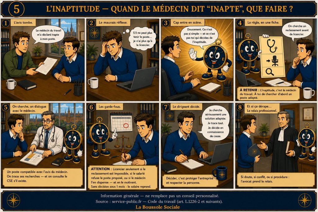 BD La Boussole Sociale — un salarié déclaré inapte par le médecin du travail ; le dirigeant veut le licencier, la mascotte Cap rappelle qu'il faut d'abord chercher un reclassement et ne licencier qu'en cas d'impossibilité (ou de refus du salarié, ou de dispense du médecin), en motivant.