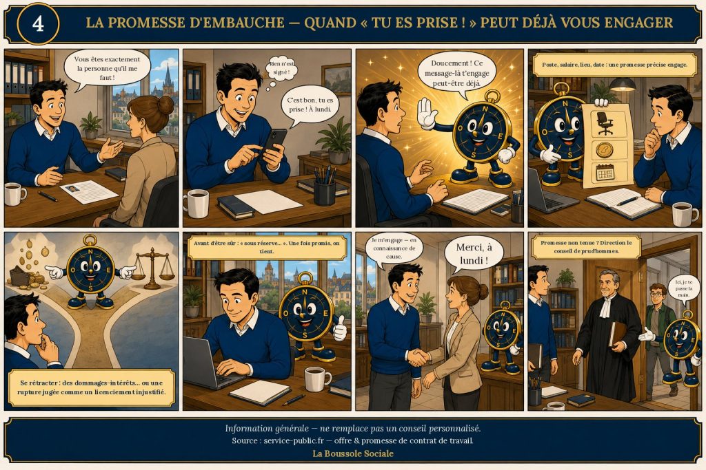 BD La Boussole Sociale — épisode « La promesse d'embauche » en 8 cases : un dirigeant promet un poste par SMS, la mascotte Cap rappelle qu'une promesse ferme et précise engage déjà l'employeur (dommages-intérêts, voire licenciement injustifié).