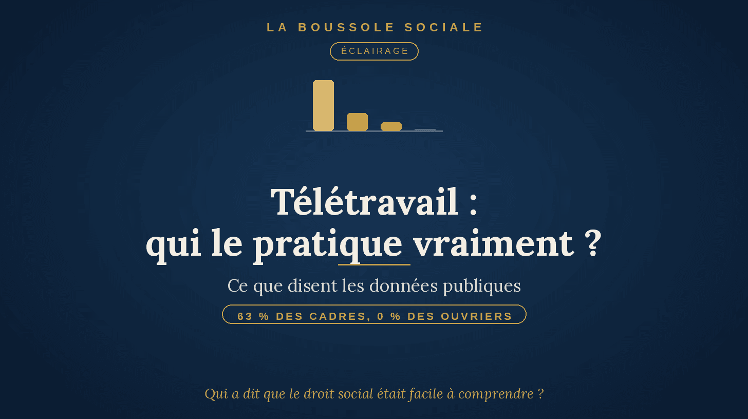 Télétravail par métier : 63 % des cadres, 22 % des professions intermédiaires, 10 % des employés, 0 % des ouvriers