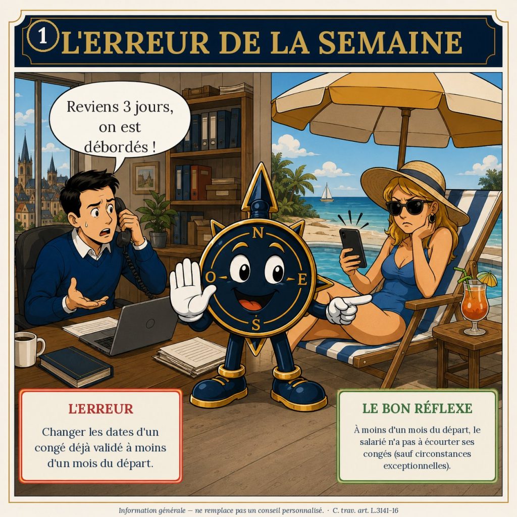 BD La Boussole Sociale — un dirigeant appelle au téléphone une salariée en vacances sur un transat ; la mascotte Cap l'arrête et rappelle qu'on ne modifie pas les dates d'un congé déjà validé à moins d'un mois du départ.