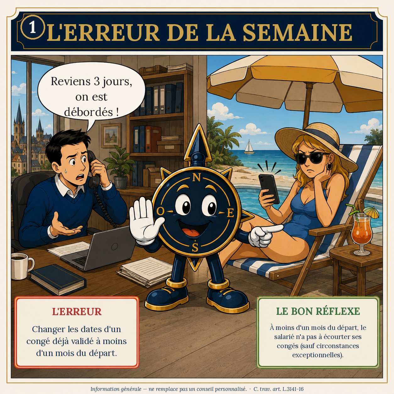 L'erreur de la semaine en BD : un dirigeant au téléphone demande à une salariée en congé sur son transat de revenir 3 jours ; la mascotte-boussole Cap rappelle qu'un congé validé ne se déplace plus à moins d'un mois du départ, sauf circonstances exceptionnelles.
