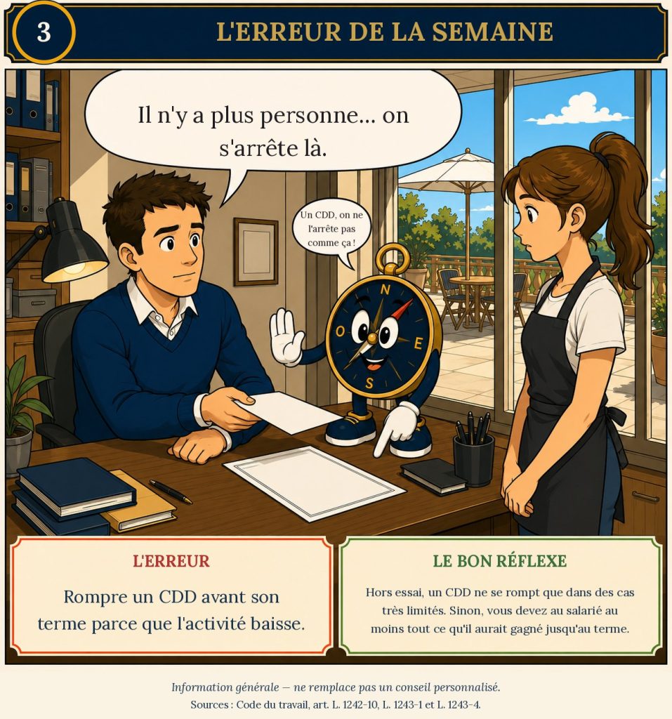 BD La Boussole Sociale — dans un bureau, un dirigeant tend une lettre à une saisonnière en tablier ; derrière la vitre, la terrasse est vide. La mascotte Cap lève la main et désigne le contrat posé sur le bureau : un CDD ne se rompt pas avant son terme parce que l'activité baisse.