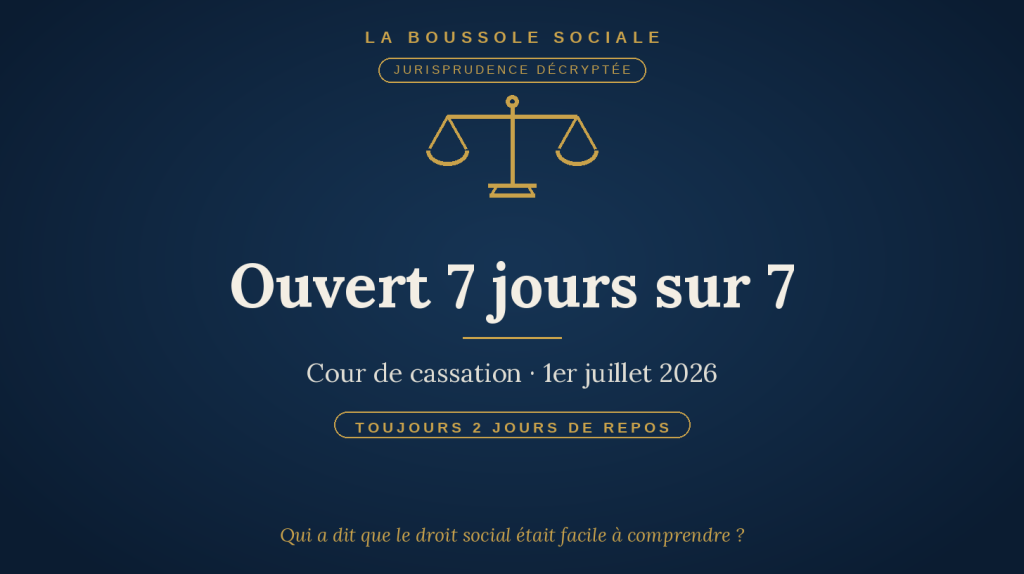 Ouvert 7 jours sur 7 : le repos hebdomadaire de deux jours reste dû — Cour de cassation, 1er juillet 2026.