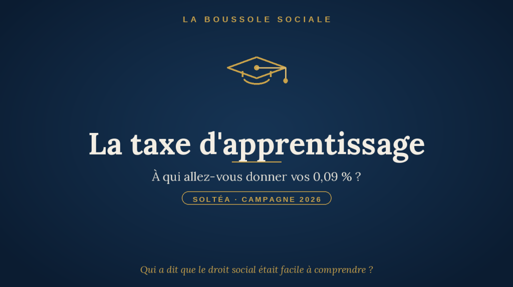 Illustration : chapeau de diplômé doré, taxe d'apprentissage et plateforme SOLTéA, campagne 2026