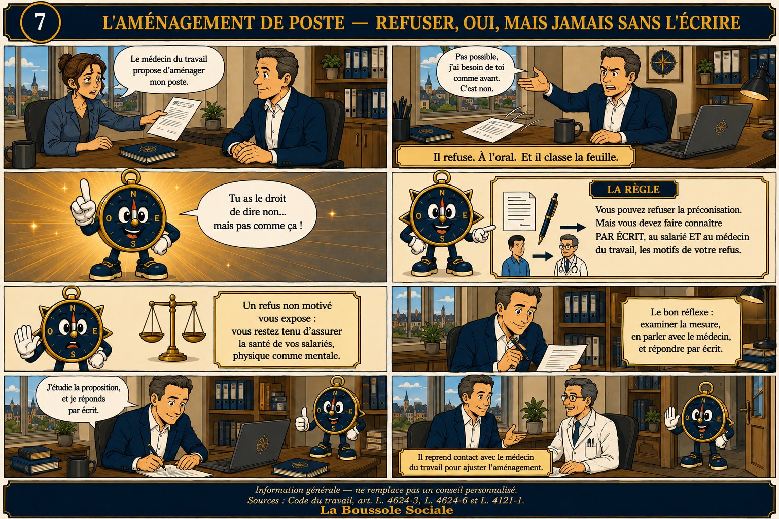 Planche BD La Boussole Sociale — un dirigeant refuse d'abord à l'oral une préconisation du médecin du travail, puis la mascotte Cap lui rappelle qu'un refus doit être motivé par écrit au salarié et au médecin.