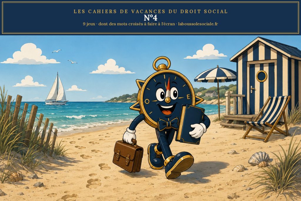 Cahier de vacances du droit social N°4 — la mascotte Cap sur la plage, cahier et mallette en main