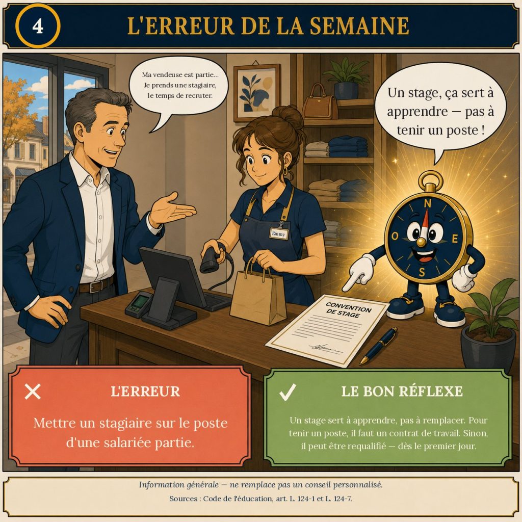 BD La Boussole Sociale — un dirigeant veut prendre un stagiaire pour remplacer un salarié parti ; la mascotte Cap pointe la convention de stage posée sur le comptoir.