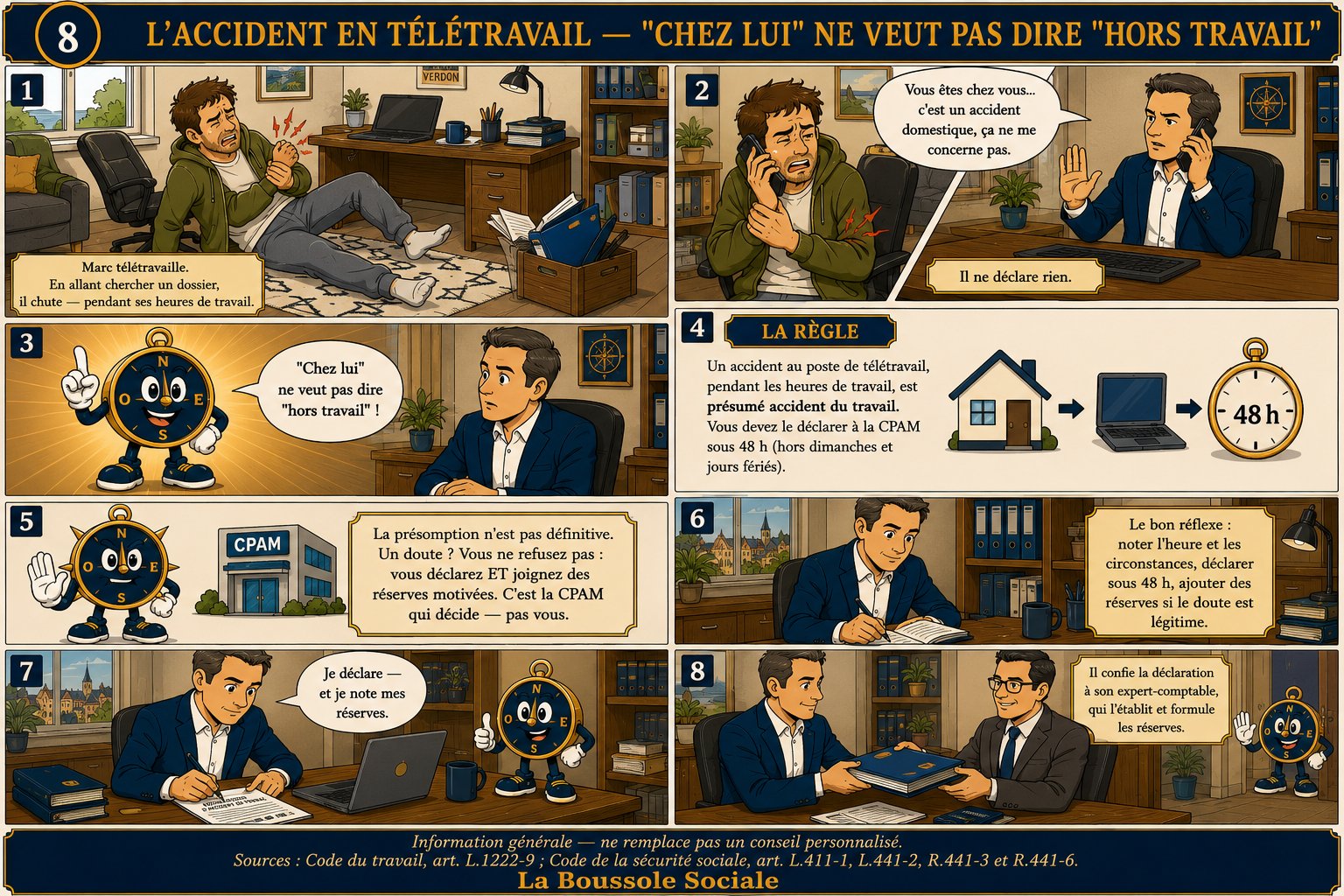 Planche BD La Boussole Sociale — un salarié chute en télétravail à domicile ; son employeur croit à un accident domestique, mais la mascotte Cap rappelle que c'est un accident du travail présumé, à déclarer sous 48 h.