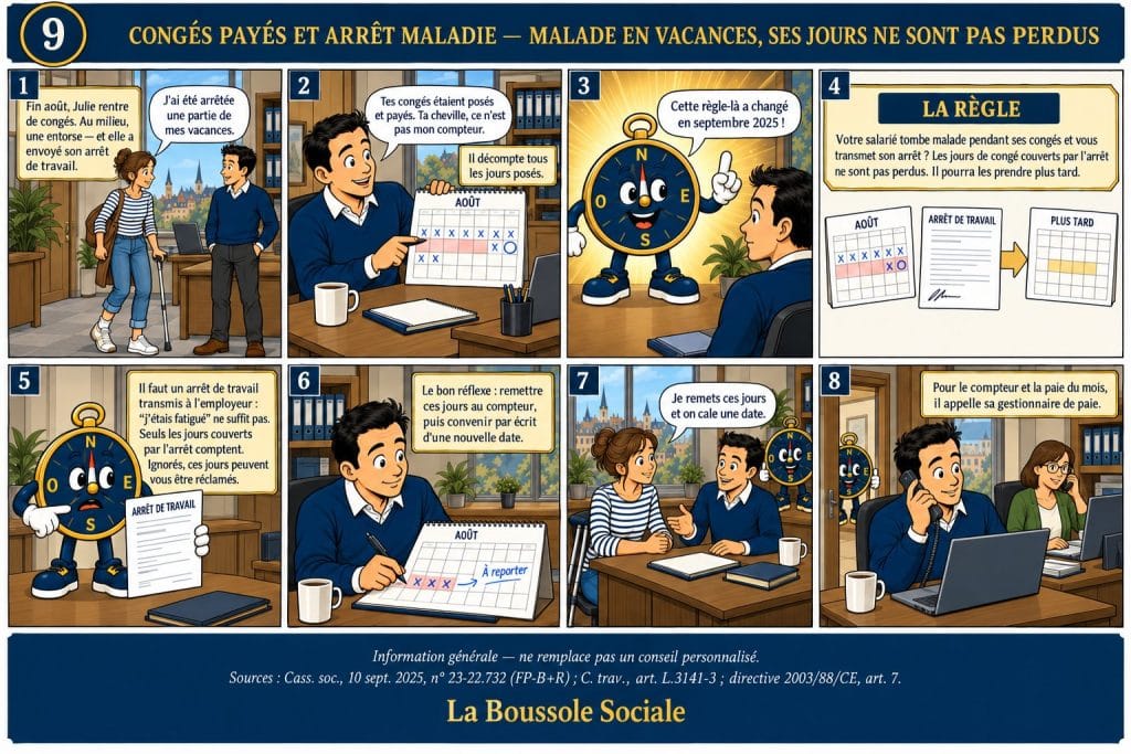 Planche BD La Boussole Sociale — une salariée revient de congés avec une béquille ; le dirigeant veut décompter tous ses jours, la mascotte Cap lui rappelle que les jours couverts par l'arrêt maladie ne sont pas perdus.