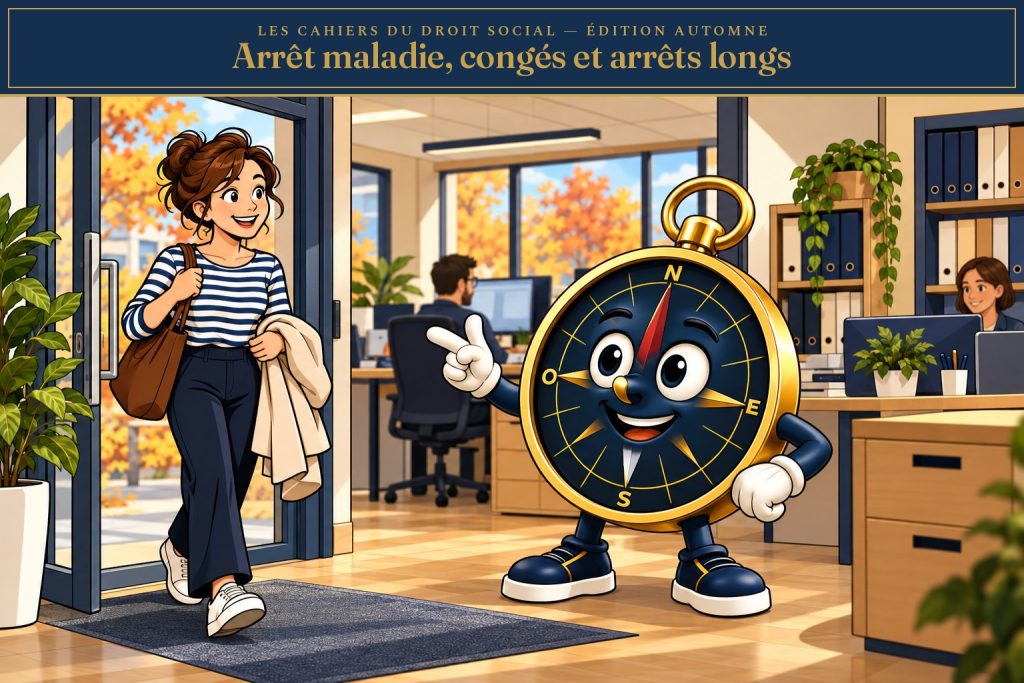 Cap, la mascotte de La Boussole Sociale, accueille une salariée de retour d’arrêt maladie dans un bureau d’automne