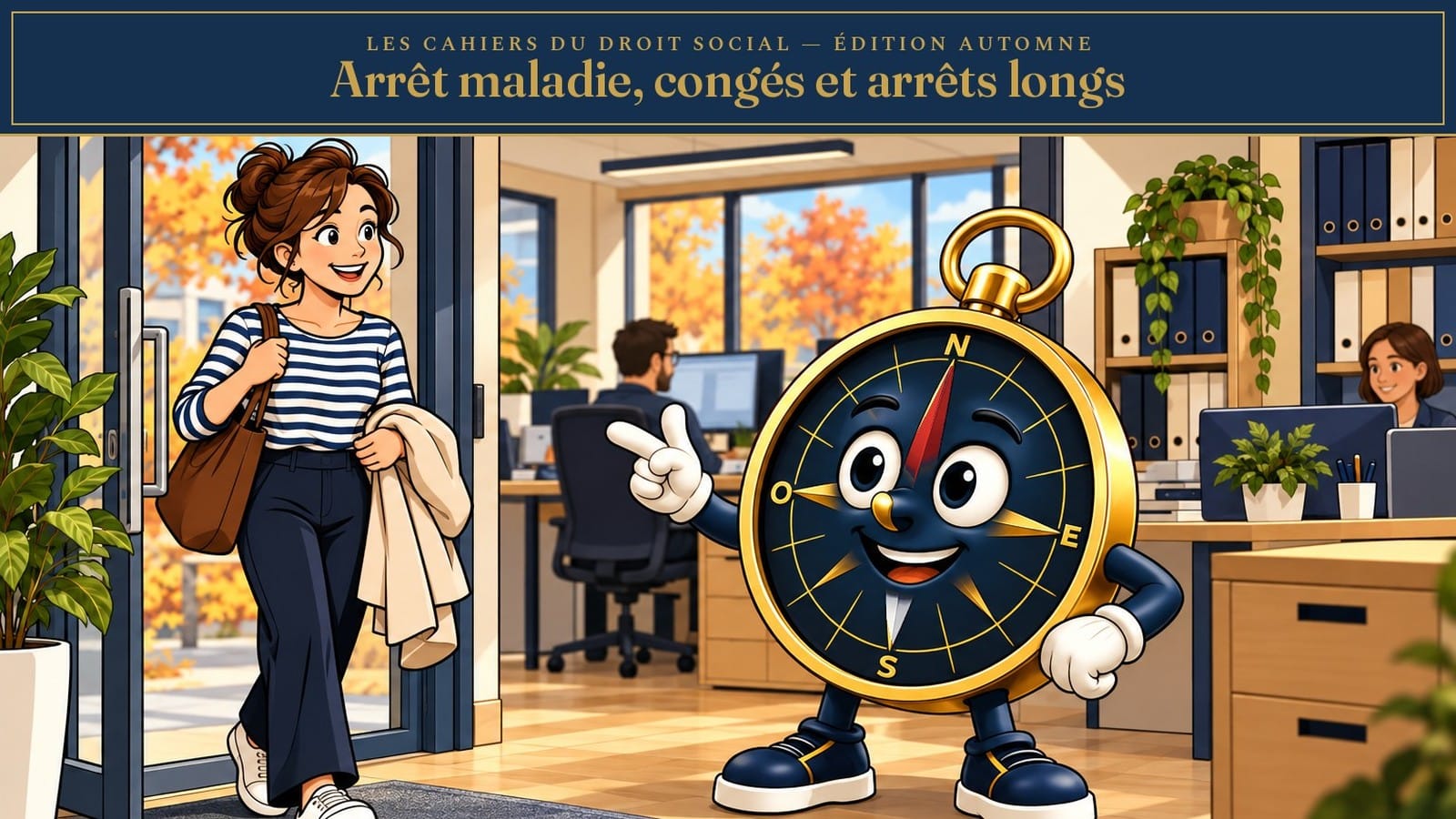 Couverture du cahier d’automne de La Boussole Sociale, la mascotte Cap accueille une salariée de retour d’arrêt maladie