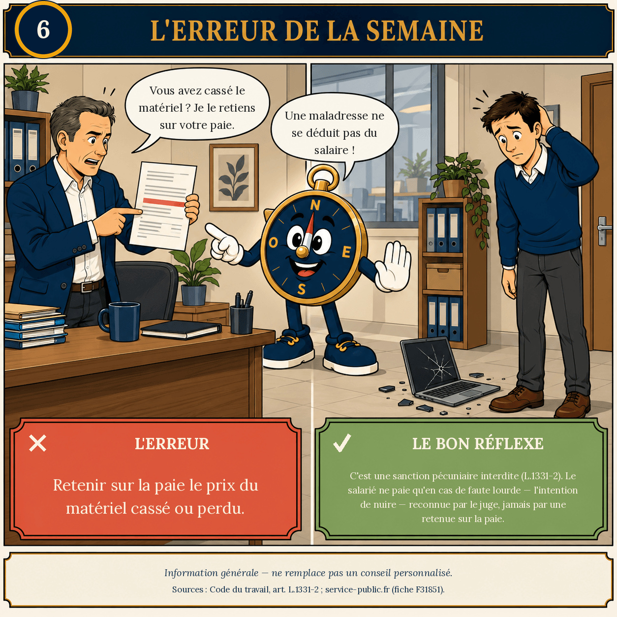 Erreur de la semaine La Boussole Sociale — un dirigeant brandit une fiche de paie avec une retenue ; un salarié désolé devant un ordinateur cassé ; Cap rappelle que la sanction pécuniaire est interdite.