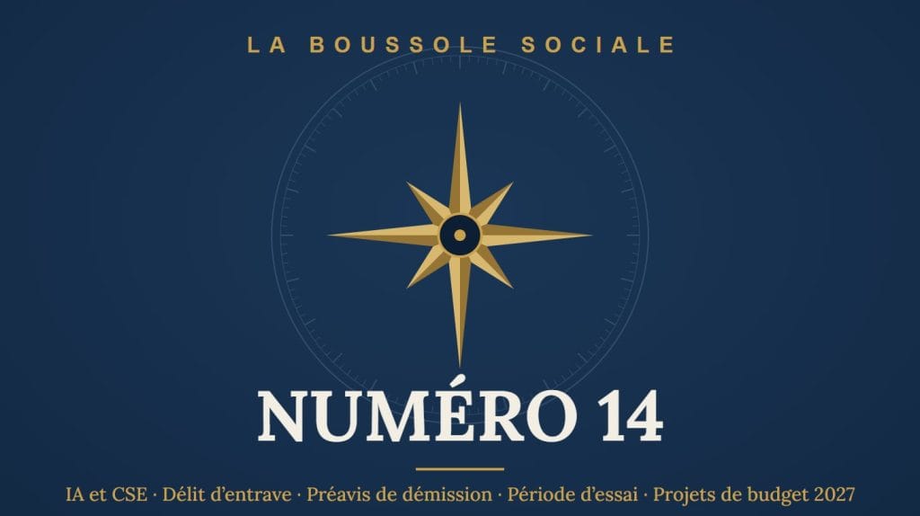 Couverture du numéro 14 : IA et CSE, délit d’entrave, préavis de démission, période d’essai, projets de budget 2027 sur les indemnités de rupture