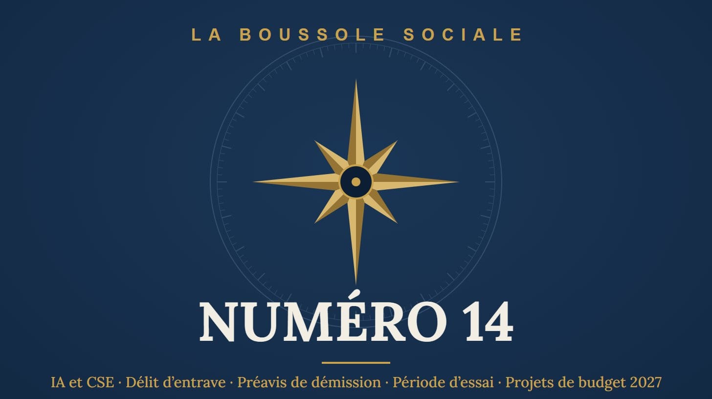 Couverture du numéro 14 : IA et CSE, délit d’entrave, préavis de démission, période d’essai, projets de budget 2027 sur les indemnités de rupture