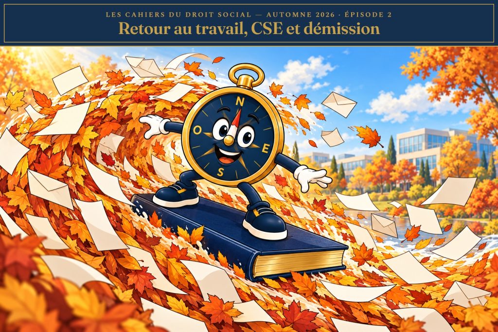 Cap, la boussole mascotte de La Boussole Sociale, surfe sur une vague de feuilles d'automne et de courriers, debout sur un grand cahier bleu marine