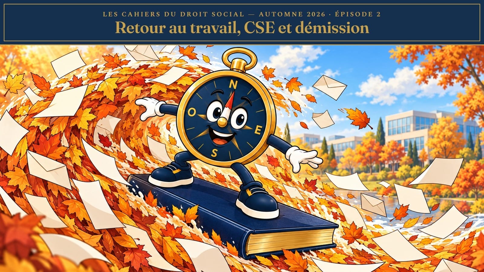 Couverture des cahiers de l’automne de La Boussole Sociale, épisode 2 : la mascotte Cap surfe sur une vague de feuilles d’automne et de courriers