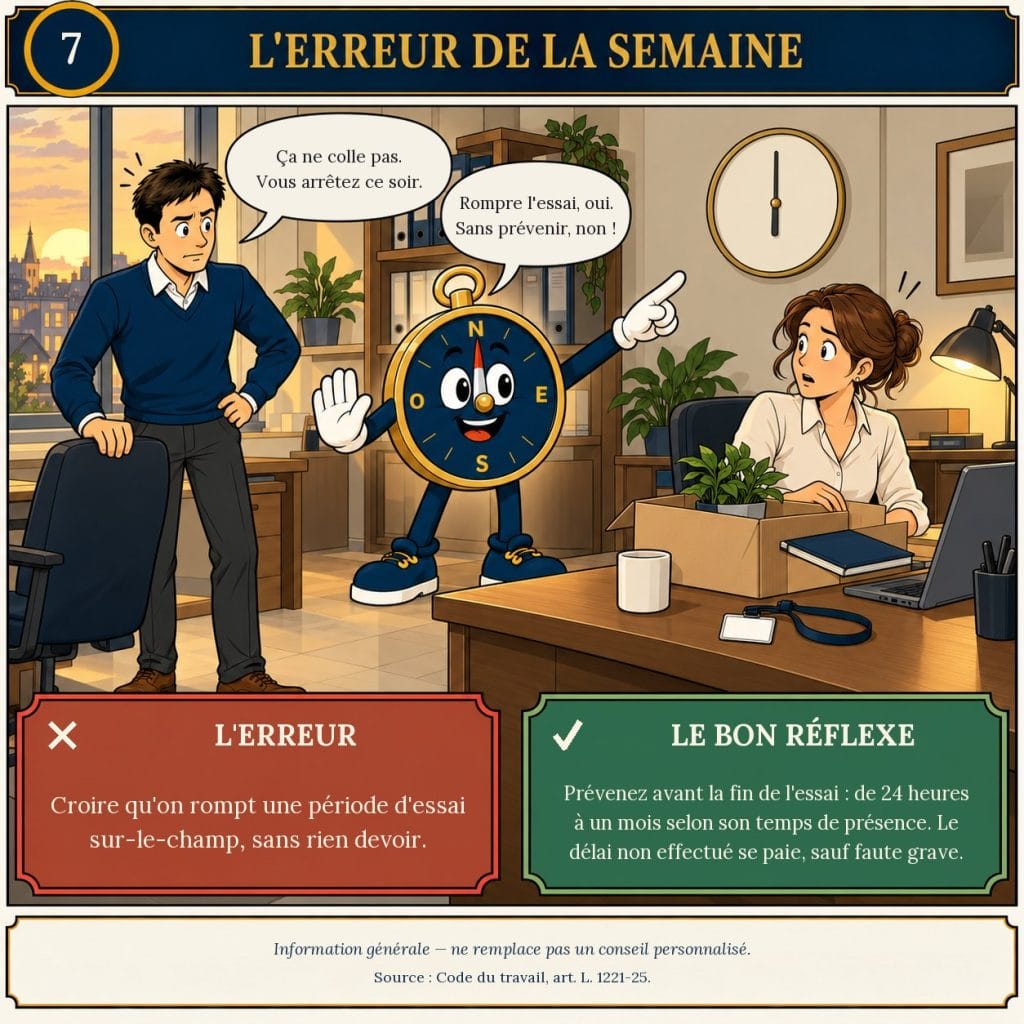 Case de bande dessinée « L'erreur de la semaine » n° 7. Un soir, au bureau, un dirigeant se tient près d'une nouvelle recrue qui déballe son carton d'accueil et lui dit : « Ça ne colle pas. Vous arrêtez ce soir. » Cap, la boussole, lève la main pour l'arrêter et montre l'horloge qui marque 6 heures : « Rompre l'essai, oui. Sans prévenir, non ! » L'erreur : croire qu'on rompt une période d'essai sur-le-champ, sans rien devoir. Le bon réflexe : prévenez avant la fin de l'essai, de 24 heures à un mois selon son temps de présence ; le délai non effectué se paie, sauf faute grave.